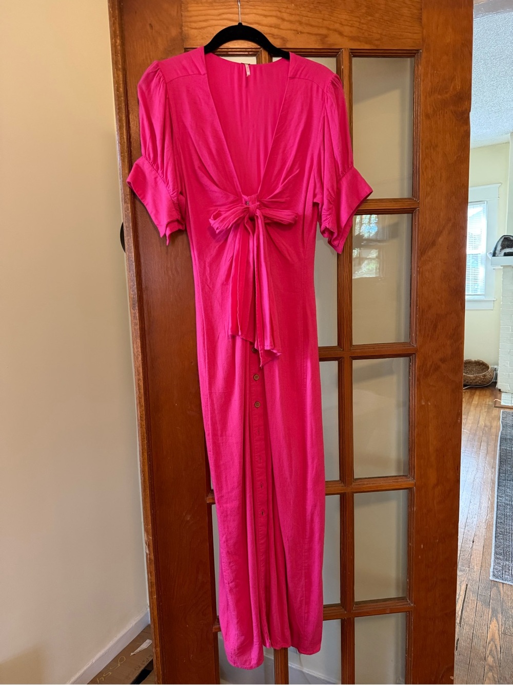 Free People Bright Pink Tie-Front Linen Maxi Dress